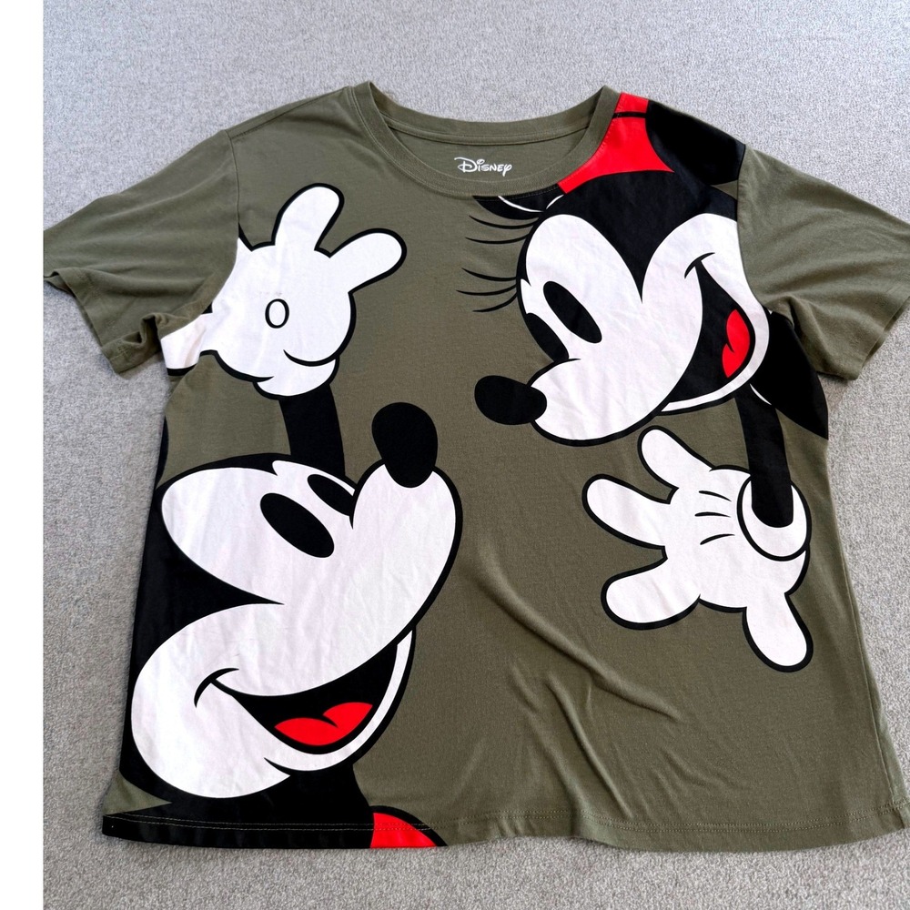 Disney Graphic T Shirt Womens Large Olive Green Mickey Minnie Mouse Short Sleeve